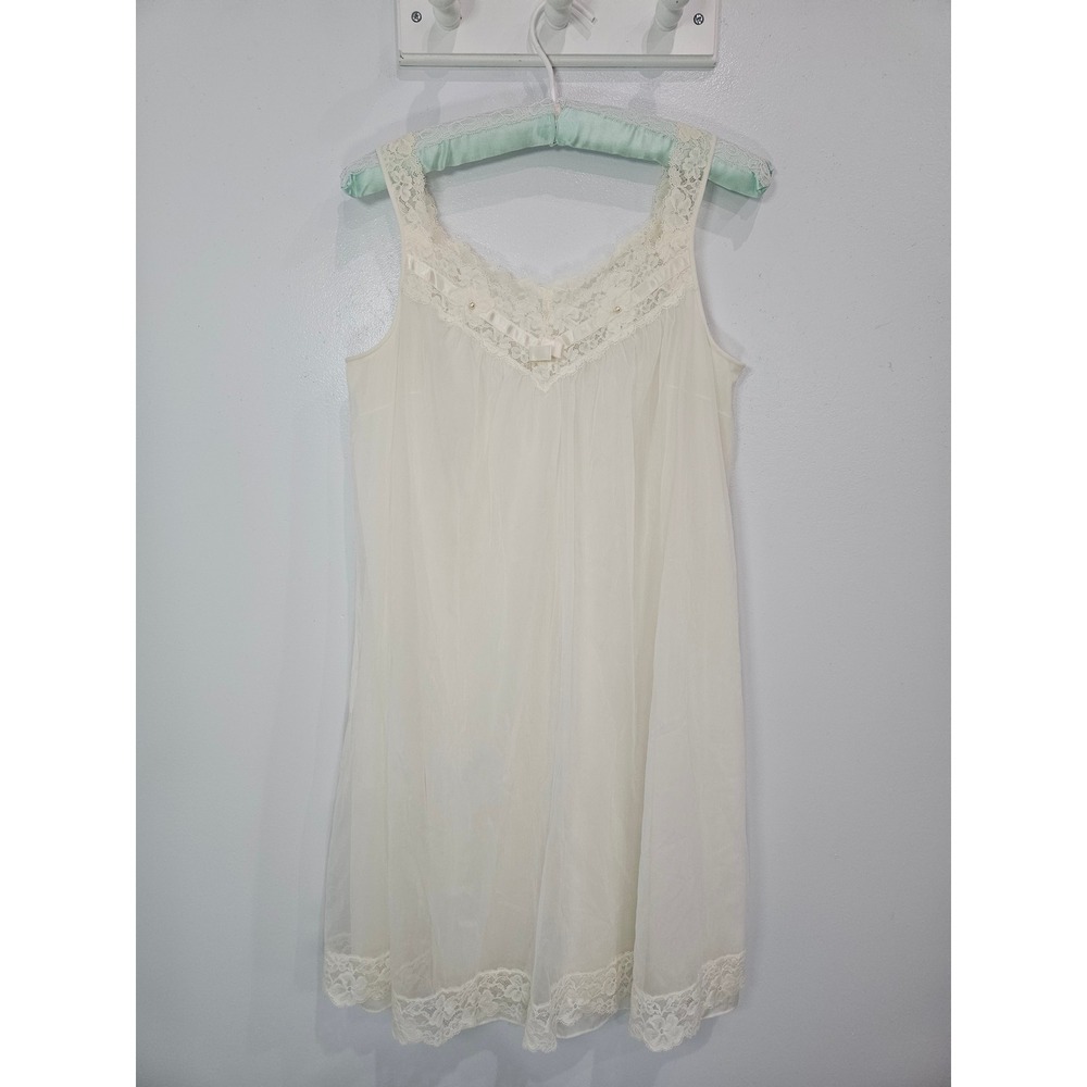 Vintage White Lace Chiffon Nightgown Sheer Bridal Slip Dress Coquette Mini